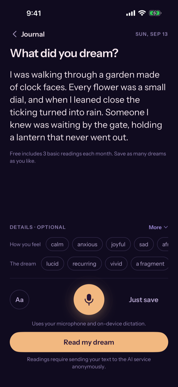 The capture screen: “What did you dream?” with a dictated dream, optional feeling chips, and the apricot microphone button.