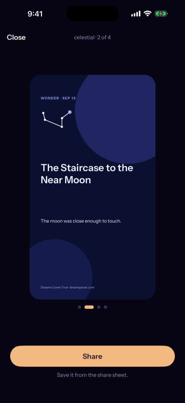 The card viewer showing a celestial dream card: “The Staircase to the Near Moon” with a small constellation.